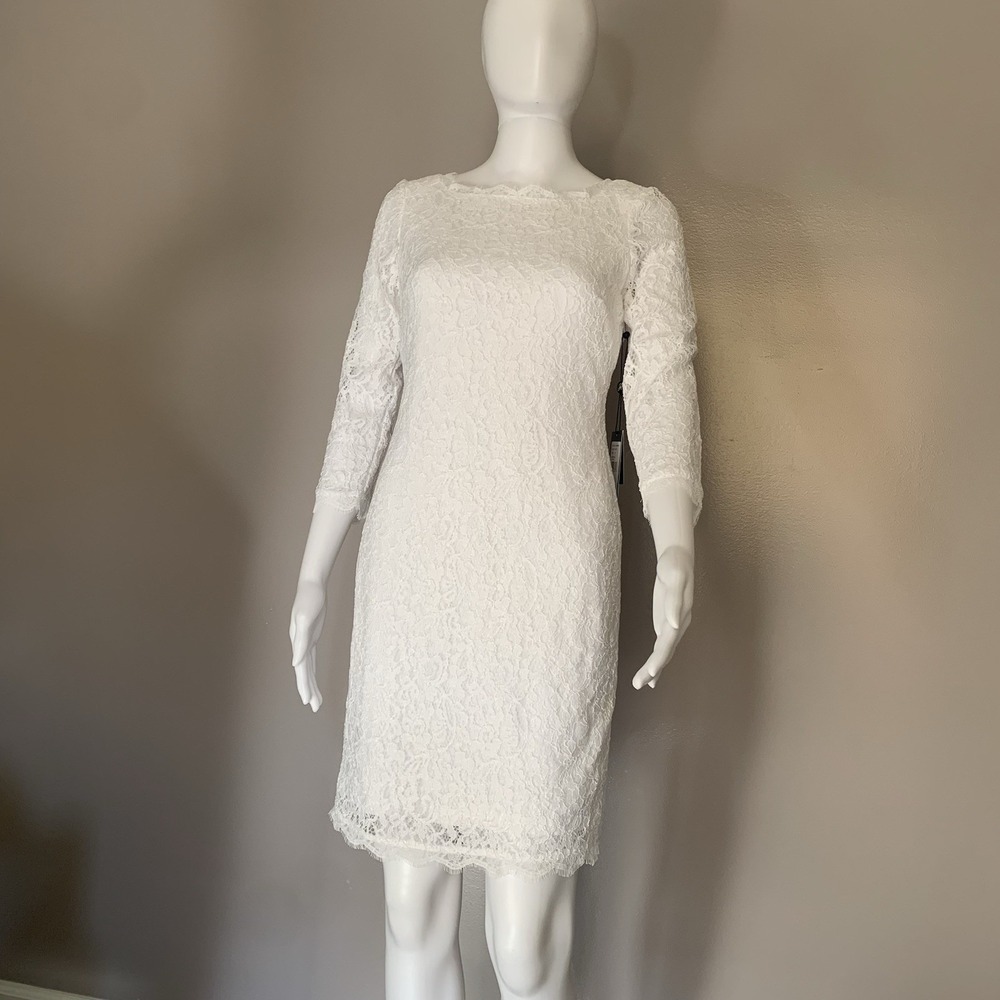 Adrianna Papell‎ women's dress Lace Bateau Neck 3/4 Sleeve Size 2 NWT White